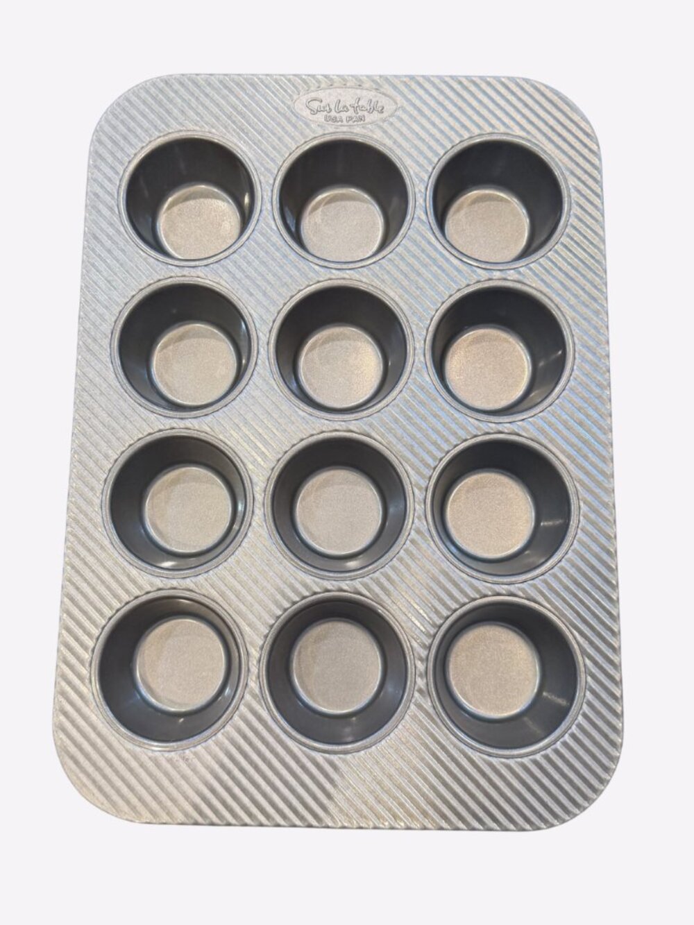 NEW Sur La Table Muffin Pan 9 count USA Pan Cupcake Kitchen Silver Grey
